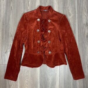 Cass Rust Military Style Jacket - SIZE S Ruffle Velvet Gold Buttons Lightweight